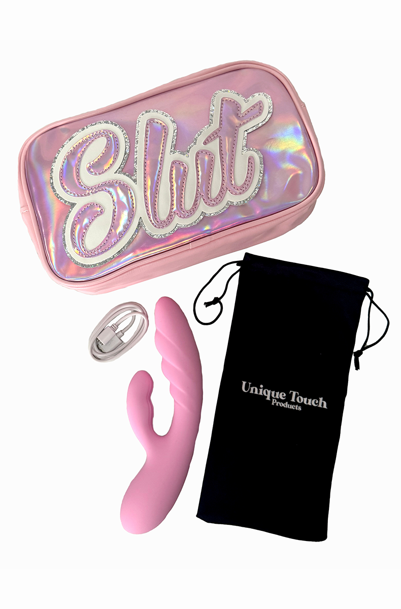 Dual stimulation waterproof pink rabbit vibrator with travel pouch and USB charger