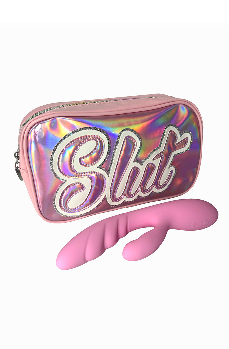Pink rabbit vibrator pleasure kit in holographic Slut bag by Unique Touch Products