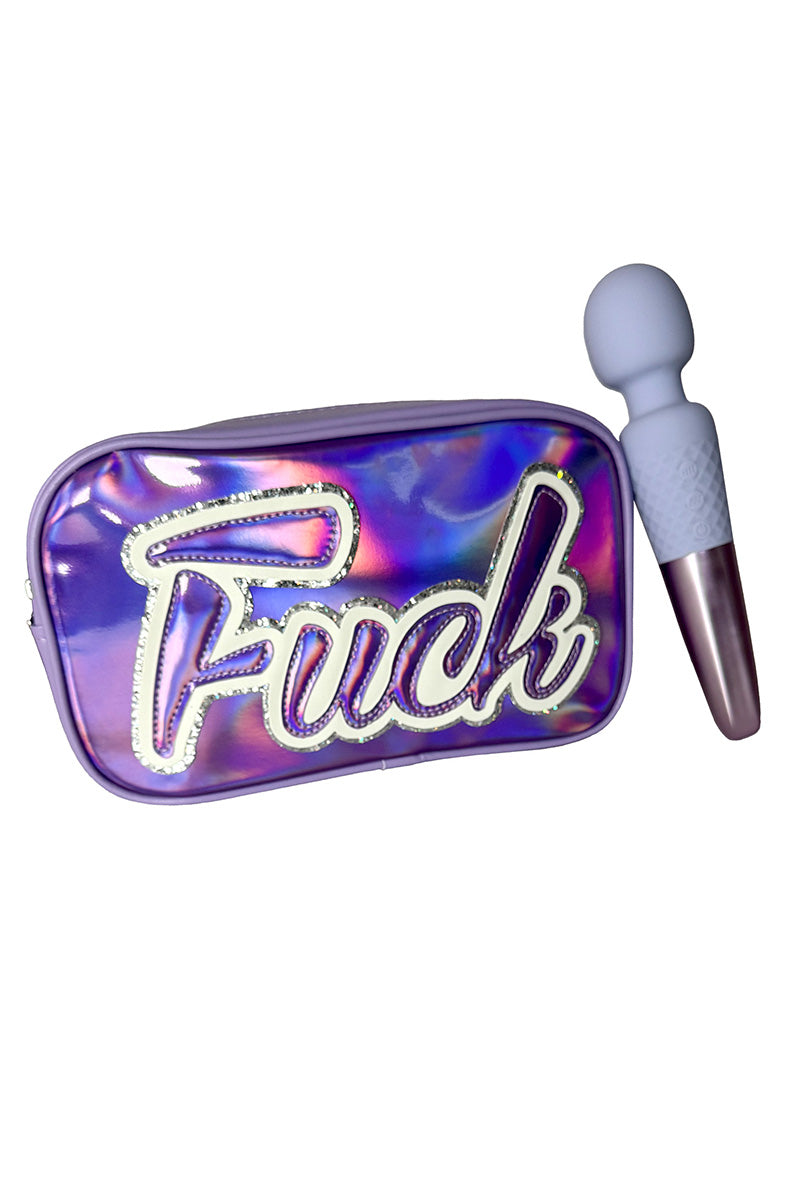 Purple Fuck Wand Vibrator Kit with holographic travel bag and charger