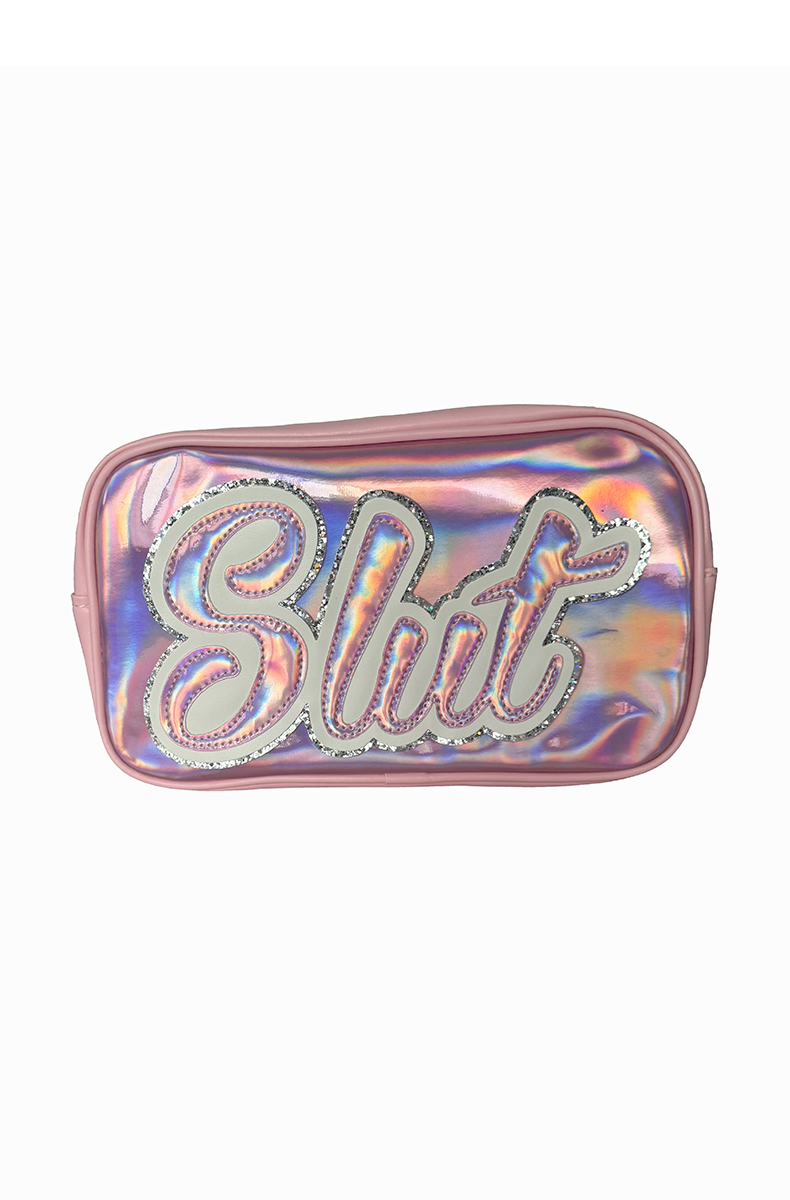 Shiny holographic PVC storage pouch with glitter Slut logo