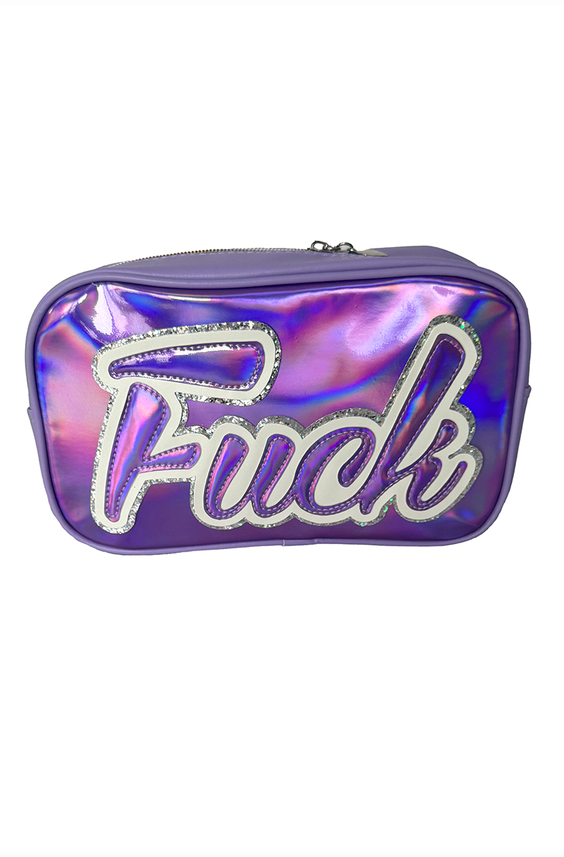 Purple holographic Fuck travel bag with glitter lettering