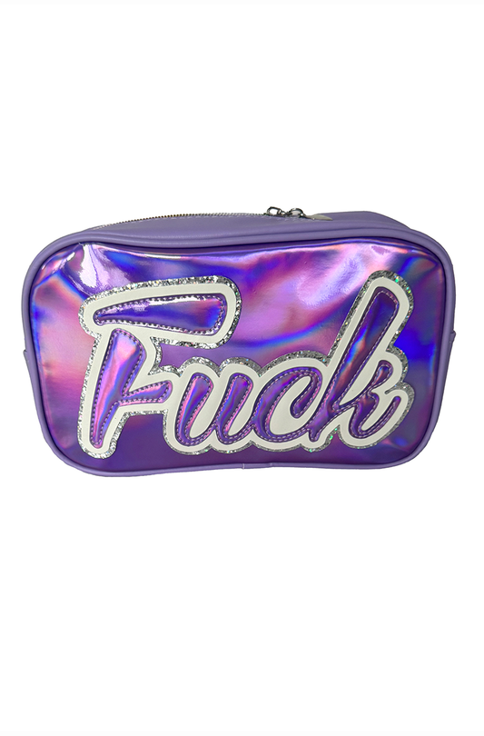 fuck holographic travel bag glitter trim cosmetic pouch