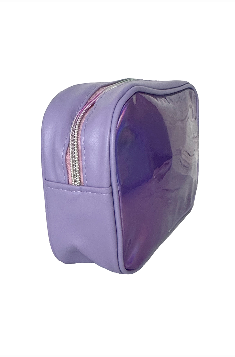 glitter trimmed holographic travel pouch bold lettering