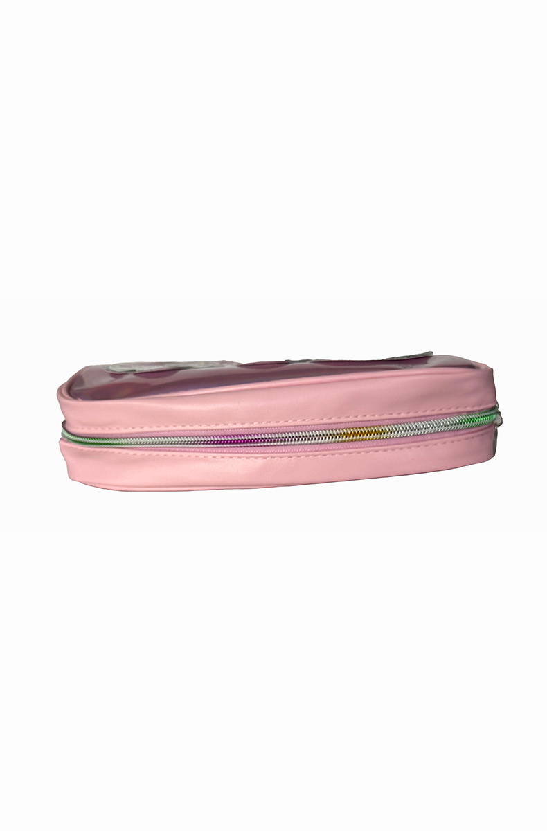 shiny iridescent cosmetic case glitter trim bold lettering